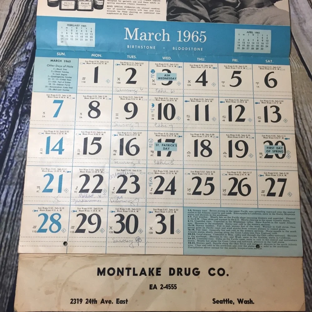 Vintage 1965 Montlake Drug Seattle area calendar